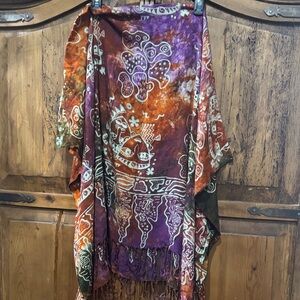 Boho Tie-Dye Fringe Kimono - Purple & Rust scarf or swim suit cover up